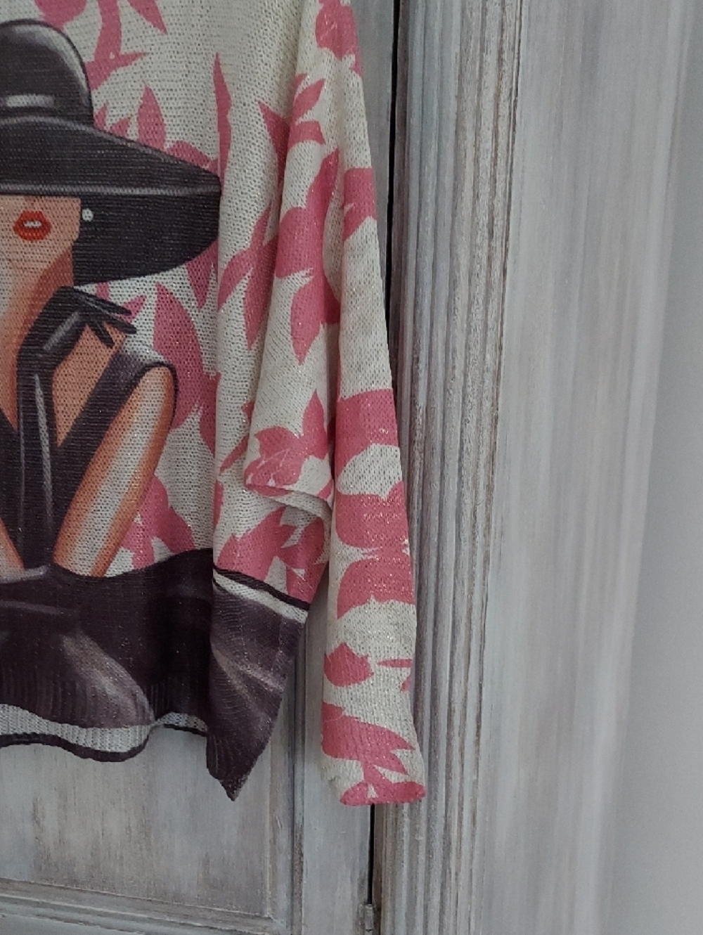 Cream & Pink Botanical Graphic Pullover Sweatshirt with Woman Motif - Picture 6 of 7